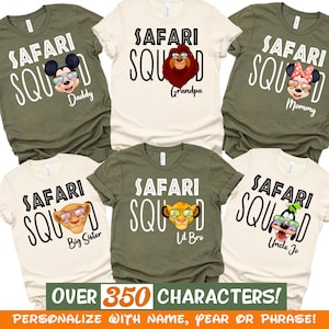 May include: Six short-sleeved t-shirts in olive green and cream colors. Each shirt features the text "SAFARI SQUAD" and a cartoon character wearing sunglasses, including Mickey, Minnie, Simba, Nala, and Goofy, with labels like Daddy, Mommy, and Grandpa.