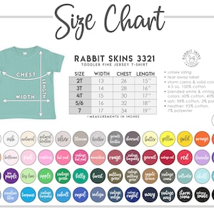 May include: A size chart for a toddler fine jersey t-shirt, with measurements in inches. The chart includes sizes 2T to 7, with chest, width, and length measurements. A color palette with various options is also displayed.