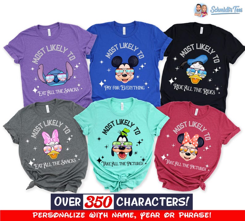 May include: Six short-sleeved t-shirts in purple, blue, black, dark gray, teal, and red. Each shirt features a Disney character wearing sunglasses, the text "MOST LIKELY TO," and a specific phrase like "EAT ALL THE SNACKS" or "PAY FOR EVERYTHING."
