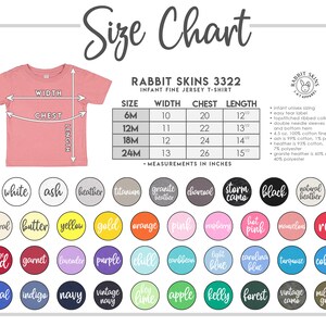 Puede incluir: Tabla de tallas para camisetas de punto fino para beb&eacute;s Rabbit Skins 3322. La tabla muestra las medidas en pulgadas para las tallas 6M a 24M, junto con una paleta de colores de camisetas disponibles. La tabla tambi&eacute;n enumera las caracter&iacute;sticas del producto.