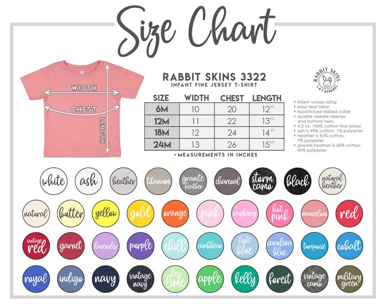 Puede incluir: Tabla de tallas para camisetas de punto fino para beb&eacute;s Rabbit Skins 3322. La tabla muestra las medidas en pulgadas para las tallas 6M a 24M, junto con una paleta de colores de camisetas disponibles. La tabla tambi&eacute;n enumera las caracter&iacute;sticas del producto.