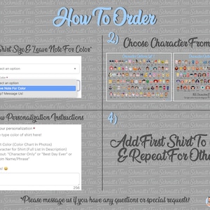 May include: Instructions for ordering a custom shirt, with steps outlined: select size and color, choose a character, follow personalization instructions, and add to cart. Includes character lists and a text box for customization. The text reads "How to Order".