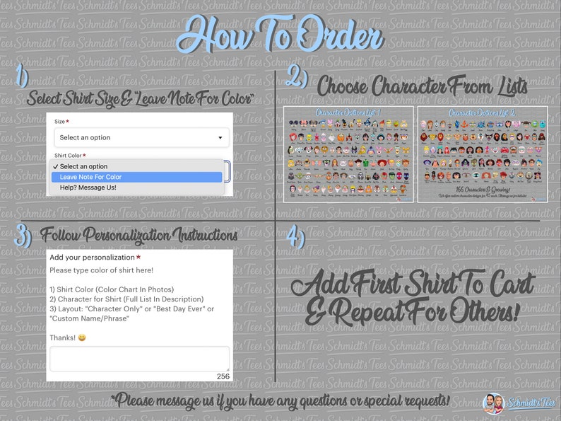 May include: Instructions for ordering a custom shirt, with steps outlined: select size and color, choose a character, follow personalization instructions, and add to cart. Includes character lists and a text box for customization. The text reads "How to Order".
