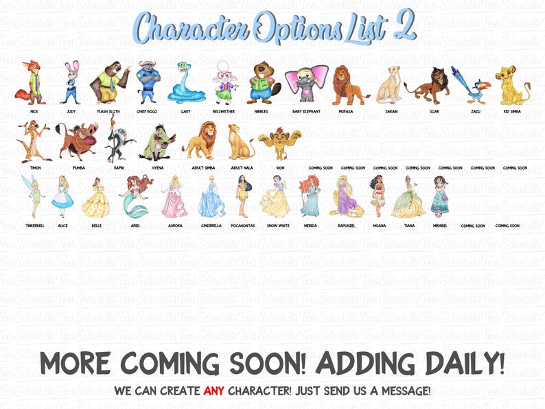 May include: A digital character options list featuring various animated figures arranged in rows with names below each. The header reads Character Options List 2, and the footer text states MORE COMING SOON! ADDING DAILY! WE CAN CREATE ANY CHARACTER!