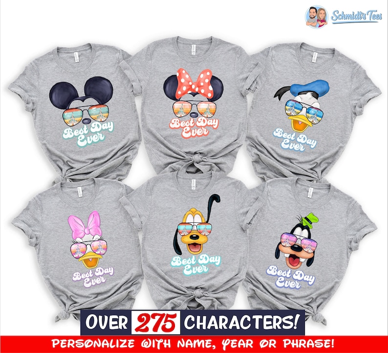 May include: Six gray t-shirts with different Disney characters wearing sunglasses and the text "Best Day Ever".