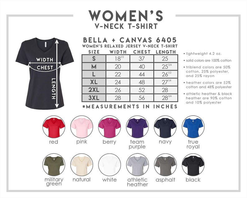 Puede incluir: Una tabla de tallas para camiseta con cuello en V Bella + Canvas 6405 con gu&iacute;a visual de ancho, pecho y largo en pulgadas. Incluye una tabla para tallas de S a 3XL y una paleta de colores con rojo, rosa, baya, morado, marino, azul real, verde, natural, blanco, jaspeado, asfalto y negro.