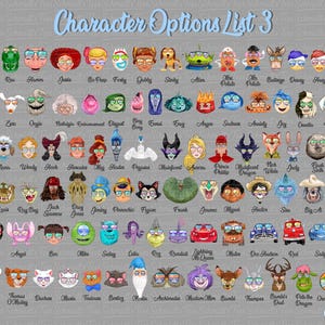 May include: A gray background features a list of character options with sunglasses. The text "Character Options List 3" is at the top. The characters include cartoon faces, animals, and other figures, each with a unique design.