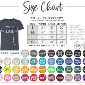 Puede incluir: Tabla de tallas para una camiseta de manga corta unisex juvenil Bella + Canvas. La tabla incluye medidas en pulgadas para las tallas S, M, L y XL. Las opciones de color se muestran en c&iacute;rculos, incluyendo blanco, ceniza y varios colores jaspeados y ne&oacute;n.