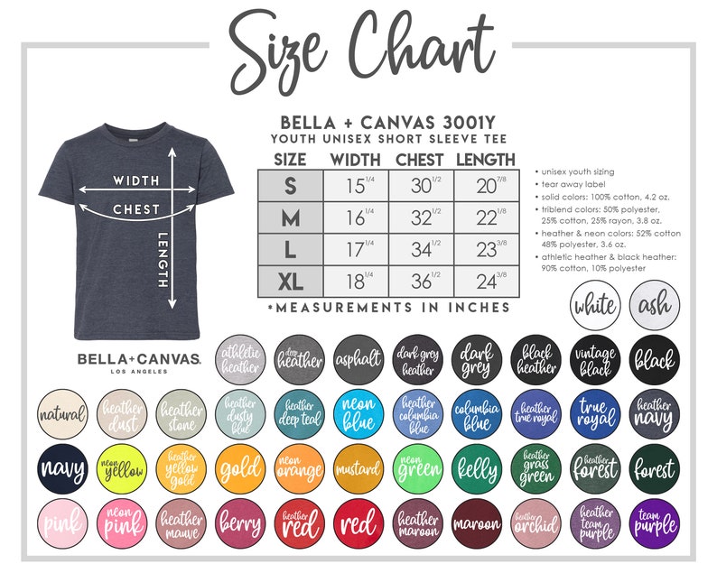 Puede incluir: Tabla de tallas para una camiseta de manga corta unisex juvenil Bella + Canvas. La tabla incluye medidas en pulgadas para las tallas S, M, L y XL. Las opciones de color se muestran en c&iacute;rculos, incluyendo blanco, ceniza y varios colores jaspeados y ne&oacute;n.