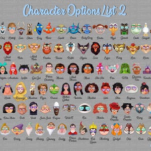 May include: A list of cartoon character faces wearing glasses. The characters include Disney characters like Simba, Ariel, and Chip, as well as other animated characters. The text "Character Options List 2" is at the top.
