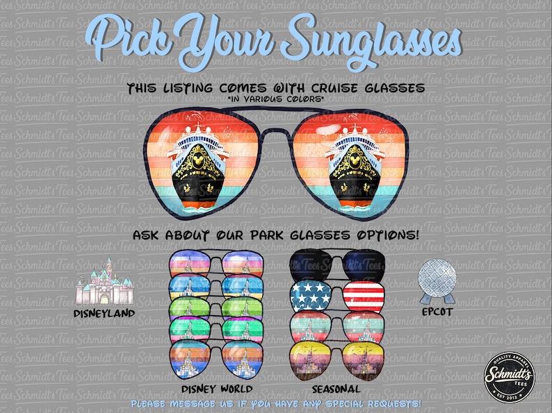 Puede incluir: Un dise&ntilde;o gr&aacute;fico con el texto Pick Your Sunglasses, This listing comes with cruise glasses in various colors, y Ask about our park glasses options. La imagen muestra varios pares de gafas de sol con lentes que exhiben cruceros, castillos, banderas y patrones estacionales, junto con iconos de Disneyland y Epcot.