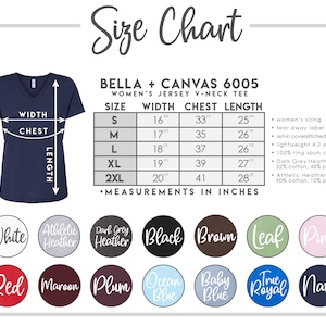 May include: A navy blue V-neck t-shirt with a size chart. The chart lists measurements in inches for sizes S to 2XL, including width, chest, and length. Color options include white, heather gray, black, brown, and navy.