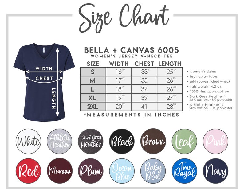 May include: A navy blue V-neck t-shirt with a size chart. The chart lists measurements in inches for sizes S to 2XL, including width, chest, and length. Color options include white, heather gray, black, brown, and navy.
