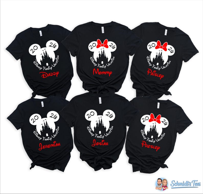 May include: Black t-shirts with a white Mickey Mouse head design, a castle silhouette, and the text "Disney Family Vacation 2020." Each shirt has a name in red: Daddy, Mommy, Paisley, Jeremiah, Josiah, and Presley.