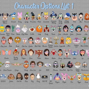 Puede incluir: Lista de opciones de personajes 1 con caras de personajes de dibujos animados con gafas. Incluye Mickey Mouse, Minnie Mouse, Donald Duck y muchos m&aacute;s. El texto "Character Options List 1" est&aacute; en la parte superior.