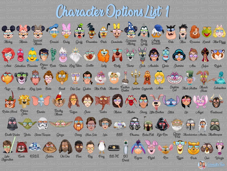 Puede incluir: Lista de opciones de personajes 1 con caras de personajes de dibujos animados con gafas. Incluye Mickey Mouse, Minnie Mouse, Donald Duck y muchos m&aacute;s. El texto "Character Options List 1" est&aacute; en la parte superior.