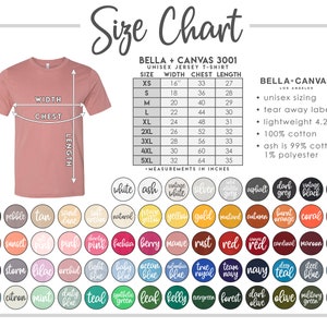 Puede incluir: Tabla de tallas para una camiseta unisex Bella + Canvas 3001. La tabla incluye medidas en pulgadas para las tallas XS a 5XL. Se muestran muestras de color debajo, con una camiseta rosa en la imagen.