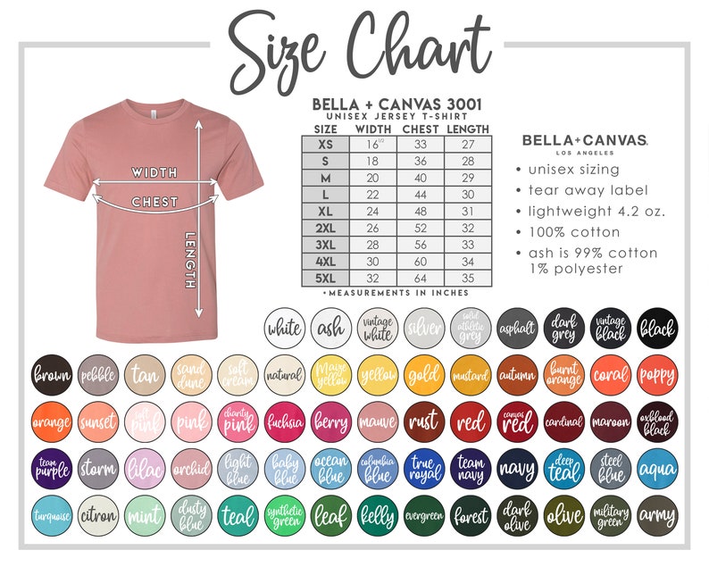 Puede incluir: Tabla de tallas para una camiseta unisex Bella + Canvas 3001. La tabla incluye medidas en pulgadas para las tallas XS a 5XL. Se muestran muestras de color debajo, con una camiseta rosa en la imagen.