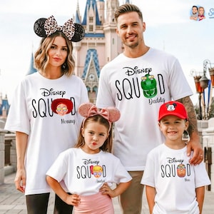May include: White t-shirts with the text "Disney Squad" and character graphics. The shirts are worn by a family of four, with each shirt featuring a different character and the words "Mommy," "Daddy," and children's names.