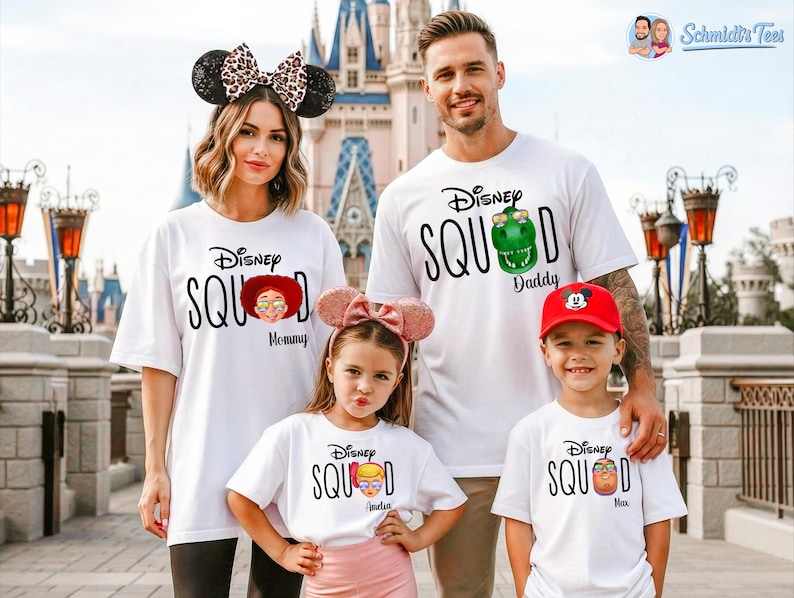 May include: White t-shirts with the text "Disney Squad" and character graphics. The shirts are worn by a family of four, with each shirt featuring a different character and the words "Mommy," "Daddy," and children's names.
