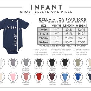 Puede incluir: Un body de manga corta para beb&eacute; en color azul marino de Bella + Canvas 100B. La imagen incluye una tabla de tallas con ancho, largo en pulgadas y peso en libras, junto a una paleta de diecis&eacute;is colores s&oacute;lidos y jaspeados disponibles.
