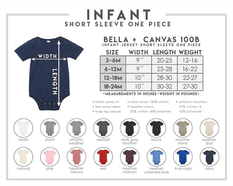 Puede incluir: Un body de manga corta para beb&eacute; en color azul marino de Bella + Canvas 100B. La imagen incluye una tabla de tallas con ancho, largo en pulgadas y peso en libras, junto a una paleta de diecis&eacute;is colores s&oacute;lidos y jaspeados disponibles.