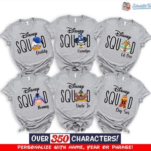 May include: Six gray Disney Squad t-shirts with different Disney character graphics and family member titles. The shirts feature Donald Duck, Mickey Mouse, Chip, Eeyore, a Disney character, and Winnie the Pooh. Text on the shirts includes "Daddy", "Grandpa", "Lil Bro", "Mommy", "Uncle Jo", and "Big Sis".