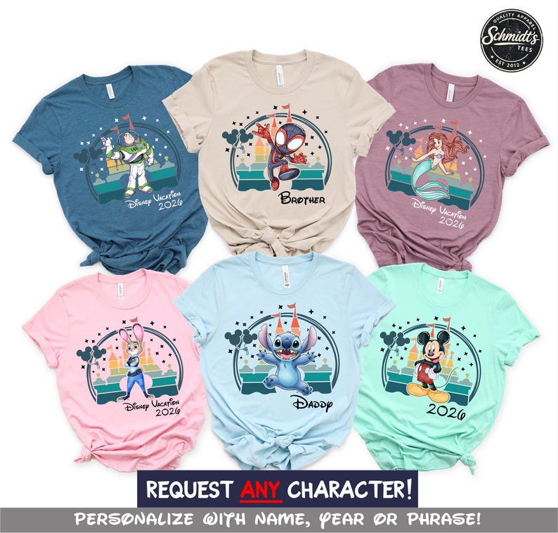 May include: Assorted-color Disney vacation t-shirts featuring various characters like Buzz Lightyear, Spider-Man, Ariel, Judy Hopps, Stitch, and Mickey Mouse. Each shirt has "Disney Vacation 2026" or "2024" printed on it. The text "REQUEST ANY CHARACTER!" is also visible.