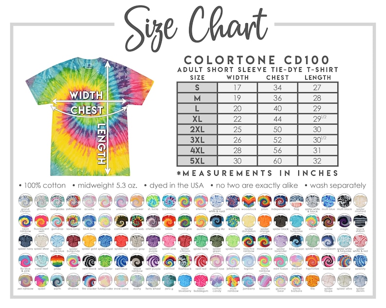 Peut inclure: Tableau des tailles pour t-shirts tie-dye &agrave; manches courtes pour adultes, des tailles S &agrave; 5XL. Le tableau indique les mesures de largeur, de poitrine et de longueur en pouces. L'image montre &eacute;galement un t-shirt tie-dye avec les mesures indiqu&eacute;es.