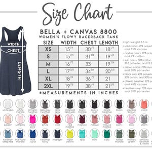 May include: Size chart for a women's flowy racerback tank, with measurements in inches. Includes sizes XS to 2XL, with width, chest, and length dimensions. Also shows available colors, including solid, marble, slub, and striped options.