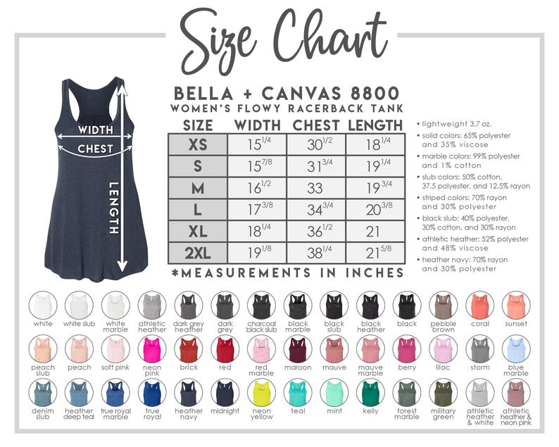 May include: Size chart for a women's flowy racerback tank, with measurements in inches. Includes sizes XS to 2XL, with width, chest, and length dimensions. Also shows available colors, including solid, marble, slub, and striped options.