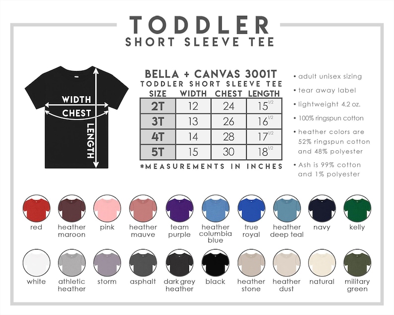 K&ouml;nnte beinhalten: Eine Gr&ouml;&szlig;entabelle f&uuml;r kurz&auml;rmelige Kleinkind-T-Shirts von Bella + Canvas 3001T mit einer schwarzen T-Shirt-Grafik und Ma&szlig;pfeilen. Eine Tabelle listet die Gr&ouml;&szlig;en 2T bis 5T in Zoll auf. Vierundzwanzig farbige Kreise sind unten abgebildet.