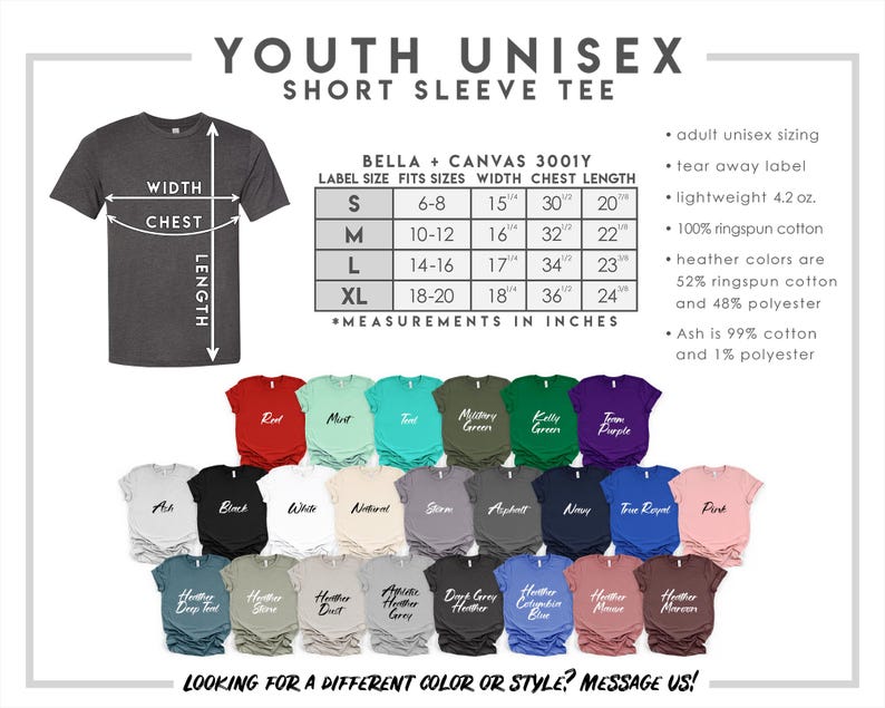 May include: A youth unisex short sleeve tee size chart featuring a dark grey t-shirt with width and length arrows, a Bella + Canvas 3001Y measurement table in inches, product details, and a color palette of twenty-three various colored t-shirts.