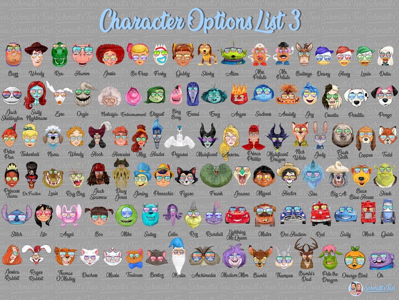 May include: A gray background features a list of character options with sunglasses. The text "Character Options List 3" is at the top. The list includes various cartoon faces, each with unique features and accessories.