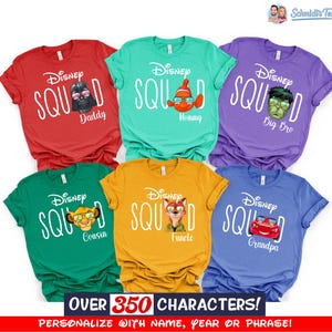 May include: Six colorful t-shirts with the text "Disney Squad" and various character graphics. The shirts are red, teal, purple, green, yellow, and blue. Each shirt has a different family member title: Daddy, Mommy, Big Bro, Cousin, Funcle, and Grandpa.