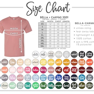 May include: A size chart for a Bella + Canvas 3001 unisex jersey t-shirt. The chart includes measurements in inches for sizes XS to 5XL. A pink t-shirt is shown with width, chest, and length measurements. Color swatches are also displayed.