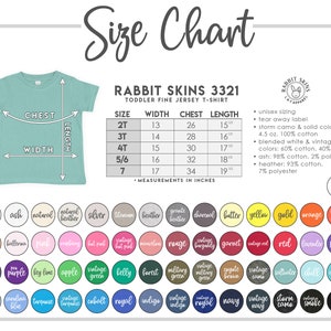 Puede incluir: Una tabla de tallas para camisetas de punto fino para ni&ntilde;os peque&ntilde;os de Rabbit Skins. La tabla incluye medidas en pulgadas para el pecho, el ancho y el largo, junto con una paleta de colores. Las tallas de camisetas van de 2T a 7.