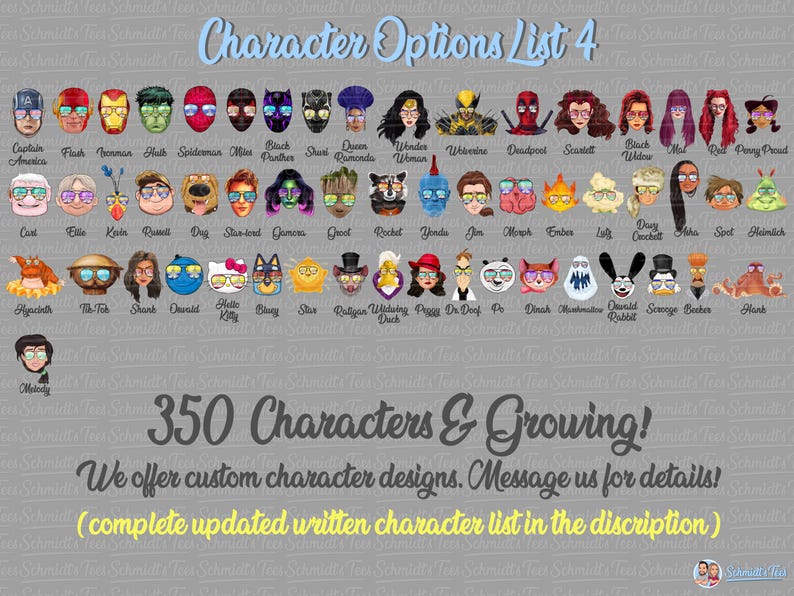 May include: A digital chart titled Character Options List 4 displaying rows of colorful illustrated character heads with names underneath. The text 350 Characters & Growing! and We offer custom character designs. Message us for details! are visible.