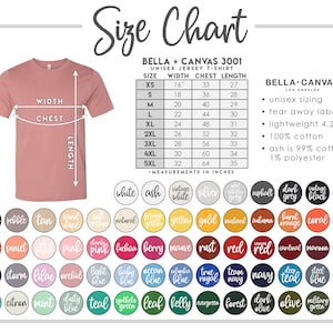 Puede incluir: Tabla de tallas para la camiseta de jersey unisex Bella + Canvas 3001. La tabla muestra las medidas de ancho, pecho y largo en pulgadas para las tallas XS a 5XL. La tabla tambi&eacute;n incluye informaci&oacute;n sobre la composici&oacute;n de la tela, que es 100% algod&oacute;n, excepto el color ceniza, que es 99% algod&oacute;n y 1% poli&eacute;ster.