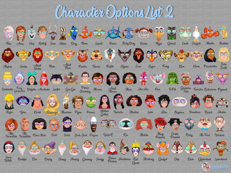 May include: A digital chart titled Character Options List 2 featuring rows of illustrated cartoon character heads. Each character wears colorful sunglasses. Names are printed in cursive script below each individual character illustration.