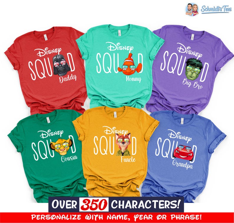 May include: Six colorful t-shirts with the text "Disney Squad" and various character graphics. The shirts are red, teal, purple, green, yellow, and blue. Each shirt has a different family member title, such as "Daddy" or "Grandpa". The bottom banner reads "OVER 350 CHARACTERS!"