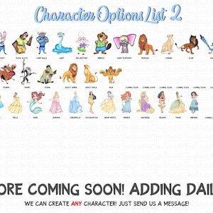 K&ouml;nnte beinhalten: Eine digitale Charakter-Optionsliste mit verschiedenen animierten Figuren, die in Reihen mit Namen darunter angeordnet sind. Die &Uuml;berschrift lautet Character Options List 2, und der Fu&szlig;zeilentext lautet MORE COMING SOON! ADDING DAILY! WE CAN CREATE ANY CHARACTER!