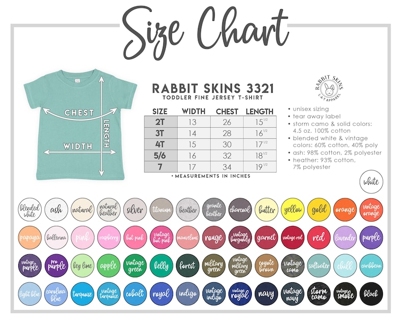 May include: A size chart for a toddler fine jersey t-shirt, with measurements in inches. The chart includes sizes 2T to 7, with chest, width, and length measurements. A color palette with various options is also displayed.