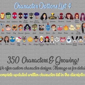 Puede incluir: Una lista de opciones de personajes con 350 personajes, incluidos superh&eacute;roes y personajes de dibujos animados. La imagen tiene el texto "Character Options List 4" y "350 Characters & Growing!" sobre un fondo gris.