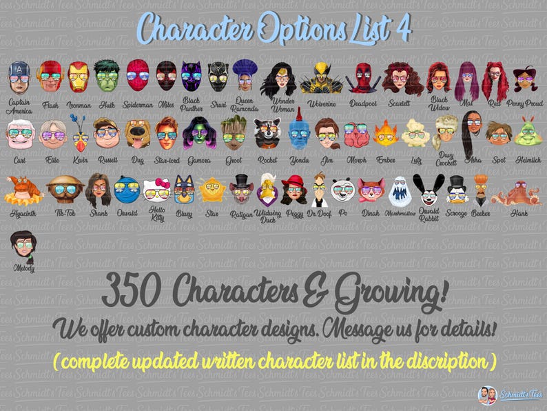 Puede incluir: Una lista de opciones de personajes con 350 personajes, incluidos superh&eacute;roes y personajes de dibujos animados. La imagen tiene el texto "Character Options List 4" y "350 Characters & Growing!" sobre un fondo gris.