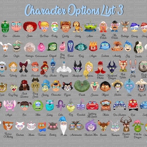 Puede incluir: Un fondo gris muestra una lista de opciones de personajes con gafas de sol. El texto "Character Options List 3" est&aacute; en la parte superior. La lista incluye varias caras de dibujos animados, cada una con caracter&iacute;sticas y accesorios &uacute;nicos.