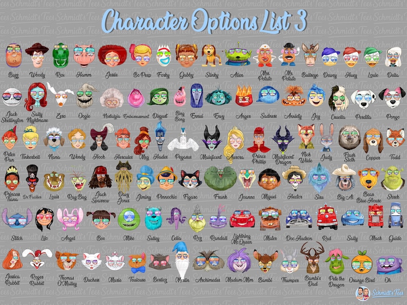Puede incluir: Un fondo gris muestra una lista de opciones de personajes con gafas de sol. El texto "Character Options List 3" est&aacute; en la parte superior. La lista incluye varias caras de dibujos animados, cada una con caracter&iacute;sticas y accesorios &uacute;nicos.