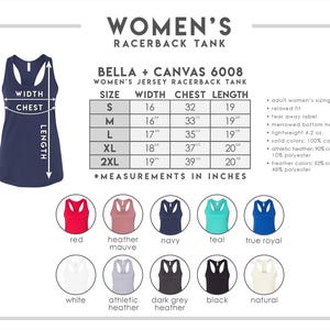 Puede incluir: Una tabla de tallas para camiseta de tirantes racerback Bella + Canvas 6008 con una ilustraci&oacute;n de camiseta azul marino, una tabla de medidas en pulgadas para tallas S a 2XL, y una paleta de colores que incluye rojo, malva jaspeado, azul marino, verde azulado, azul real, blanco, gris jaspeado, gris oscuro jaspeado, negro y natural.