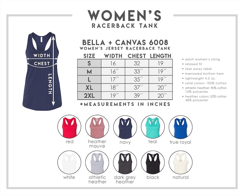Puede incluir: Una tabla de tallas para camiseta de tirantes racerback Bella + Canvas 6008 con una ilustraci&oacute;n de camiseta azul marino, una tabla de medidas en pulgadas para tallas S a 2XL, y una paleta de colores que incluye rojo, malva jaspeado, azul marino, verde azulado, azul real, blanco, gris jaspeado, gris oscuro jaspeado, negro y natural.