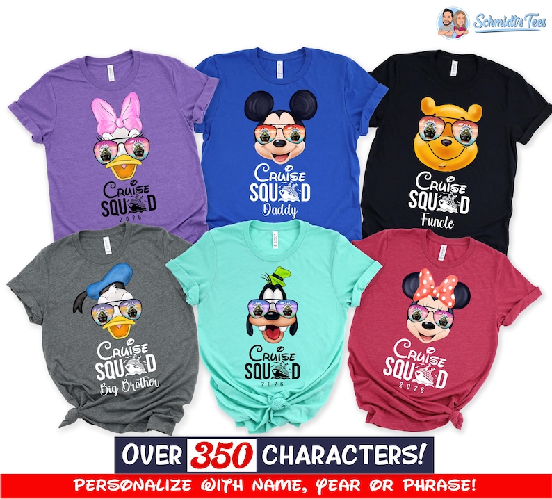 May include: Six t-shirts in purple, blue, black, dark gray, teal, and red, each featuring a cartoon character wearing sunglasses with a cruise ship reflection. Text reads Cruise Squad with labels like Daddy, Funcle, and Big Brother, plus 2026.